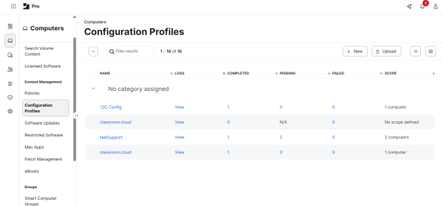 Jamf Pro Computers page showing the Configuration Profiles list with profile names, status columns, and action buttons.